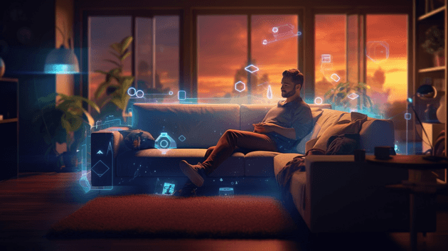 A man is relaxing on a couch, speaking to an AI voice assistant integrated into his smart home system.